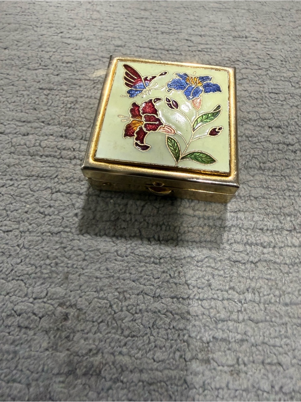 Enamel Floral Trinket Box with Butterfly Accent - Cream, Red & Blue - Picture 2 of 6